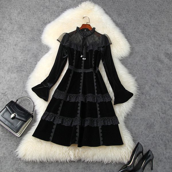 

dresses european and american women's wear winter style horn long sleeve collar fashionable lace patchwork velvet dress mkj0, Black;gray