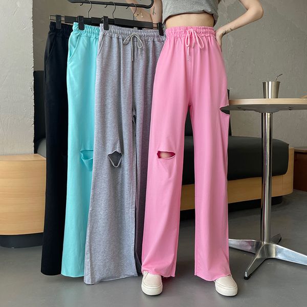 

sml 4colors korean style solid color straight ripped trouser female spring high waist wide leg long pants womens (77007) 210508, Black;white