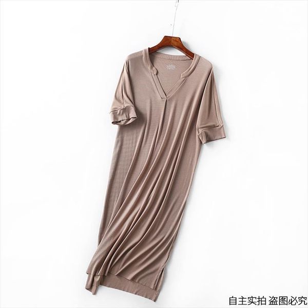 

summer lingerie oversized regenerated cellulose women sleepwear v neck mid calf short sleeve nightwear sleep dress, Black;red
