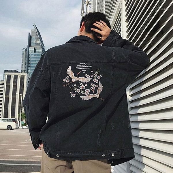 

men's jackets autumn japanese retro denim jacket male spring tide loose wild embroidery korean casual handsome, Black;brown