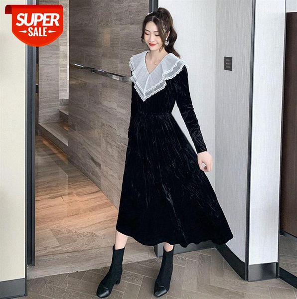 

women's french niche v-neck temperament lady velvet retro platycodon black dress #8d9y, Black;gray