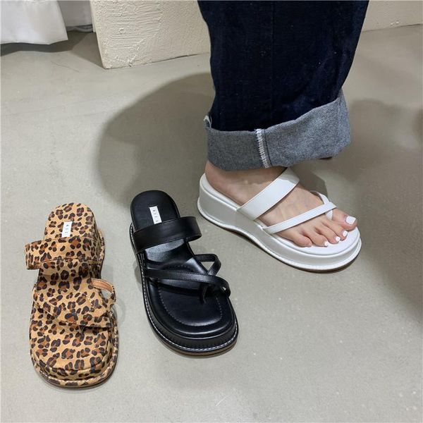 

slippers dxfan leopard chunky heel platform flip flops shoes women narrow band summer beach sandals wedges, Black