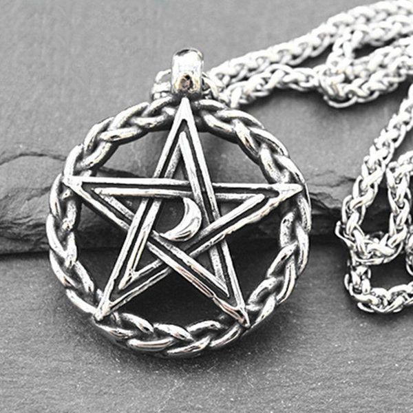 

chains retro woven double-sided moon pentagram pendant men's necklace personality trendy domineering sweater chain jewelry accessories, Silver