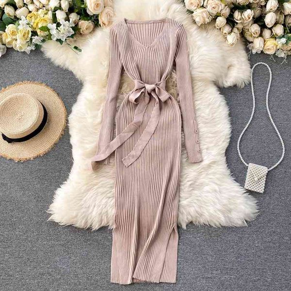 

autumn winter bodycon dres slim long sleeve with belt bandage sweater es ladies knitted midi robe 210602, Black;gray