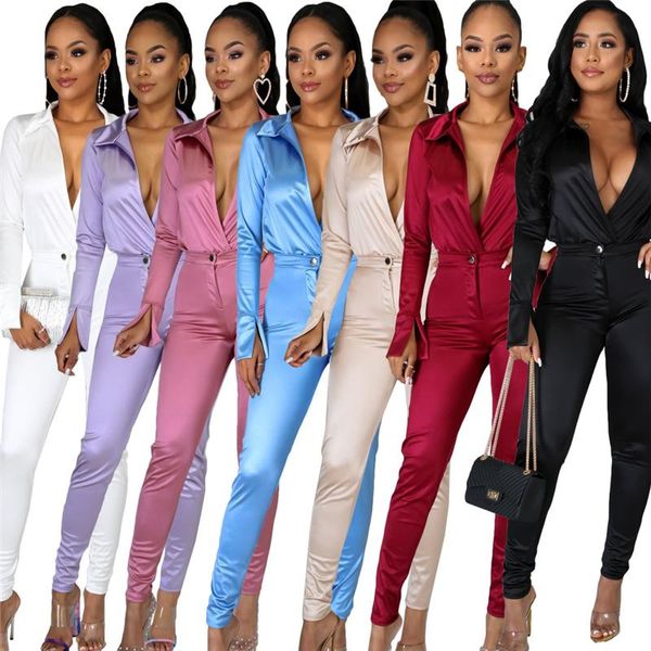 

women's two piece pants satin 2 set women tracksuit autumn clothes v neck bodysuit and suit solid fashion sets party club outfit, White