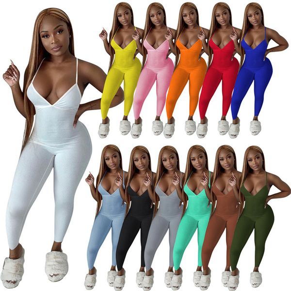 Tute a costine da donna estive Plus Size 2XL Pagliaccetti senza schienale Cinghie solide Tute da salto Tute skinny Tute lavorate a maglia casual Leggings neri DHL SHIP 5385