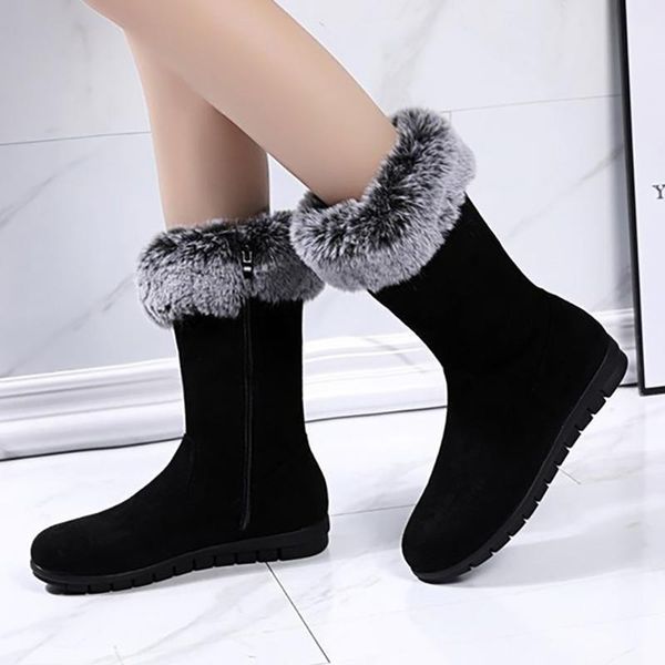 

boots faux fur snow women thicken long plush warm winter shoes woman comfortable furry flat heels suede 2021 fashion botas, Black