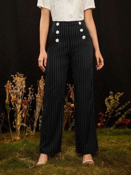 

striped print button detail pants j7wh#, Black;white