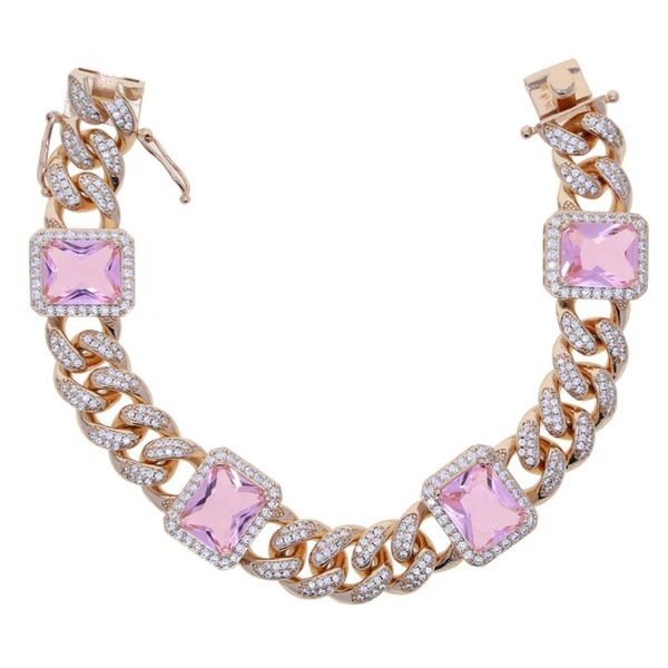 

charm bracelets 12mm miami cuban chain bracelet rose gold pink square stone micro pave cubic zirconia women mne hip hop jewelry, Golden;silver