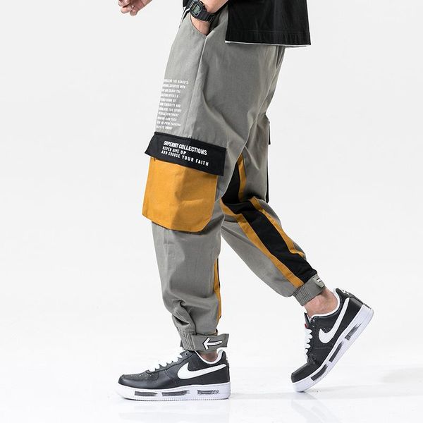 

hip hop ribbons cargo pants men joggers streetwear 2021 fashion elastic waist mens casual trousers sweatpants men's, Black