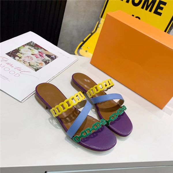 

official website 70% off outlet women's candy color summer waterproof desiger brand flat slippers women geunine leather chain open toe, Black
