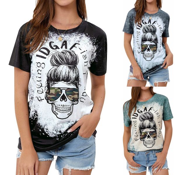 

new women's jacket european and american skull pattern printed round neck short sleeve t-shirt, White