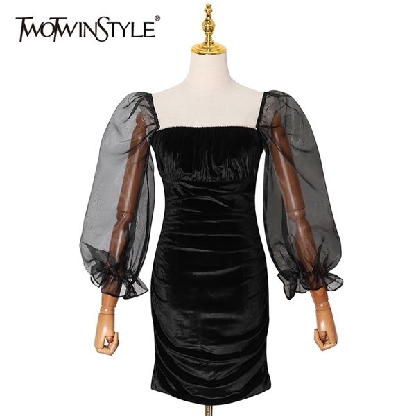 

black ruched velour dress for women square collar puff long sleeve high waist mini dresses female fashion 210520, Black;gray