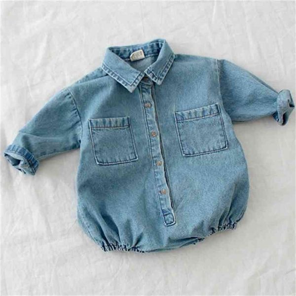 

autumn baby toddler long sleeve lapel collar denim jeans rompers kids infant jumpsuits boys girls clothes fashion 210521, Blue