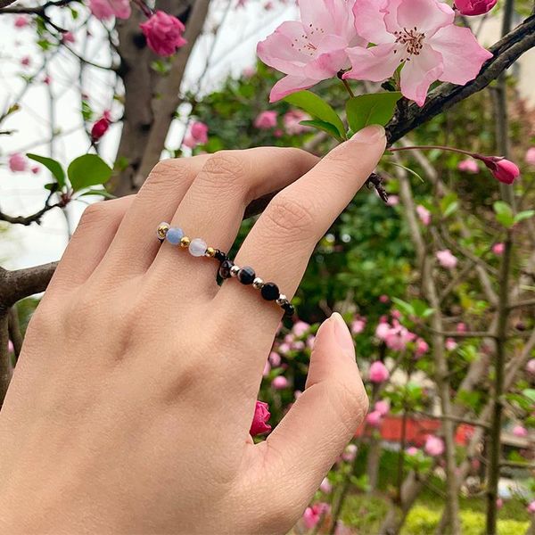 

wedding rings momiji classic natural stone jewelry for women black color with stainless bead ring pink white crystal gifts set, Slivery;golden