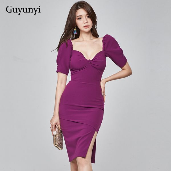 

purple occupation office lady dress 2021 spring square collar puff sleeve elegant party high waist tight dress women, Black;gray