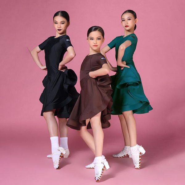 

stage wear girls standard professional competition latin dance dress round collar traning skirt for jazz chacha samba performance, Black;red