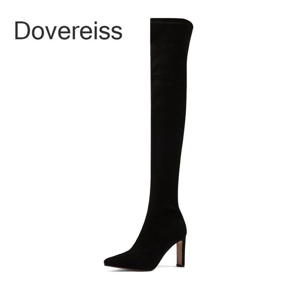 

boots winter women fashion pure color genuine leather consice shoes apricot zipper chunky heels over the knee 42 46, Black
