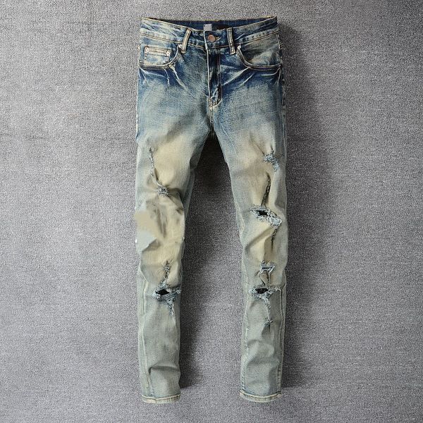

fashion summer mens jeans unique casual slim letter hole medium whitewash stylish man retro style long pants, Blue