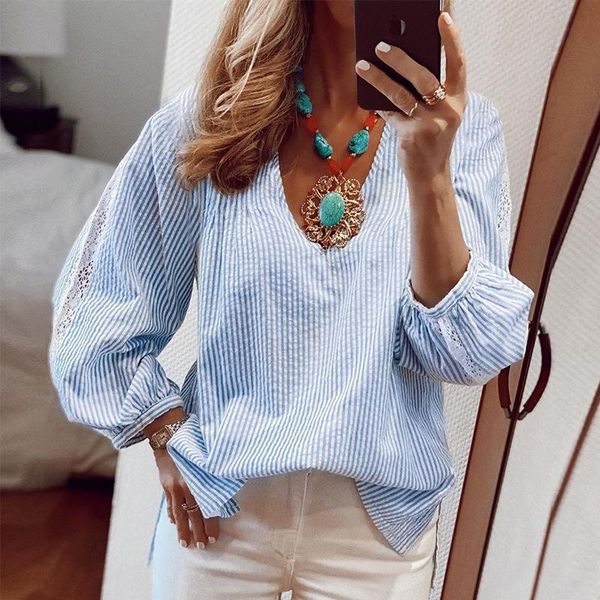 

women's blouses & shirts lace striped long sleeve blouse shirt women 2021 autumn v-neck hollow out casual loose ladies blusas vinta, White