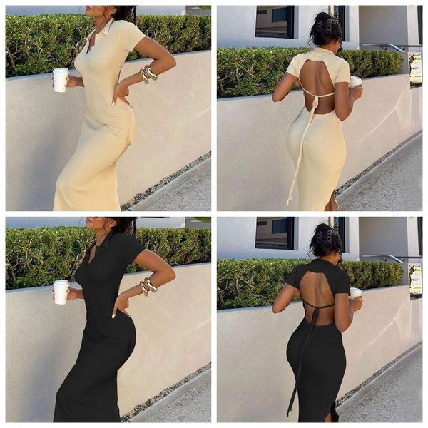 

women's swimwear women summer ribbed dress adults tie-up backless short sleeve lapel side slit, White;black