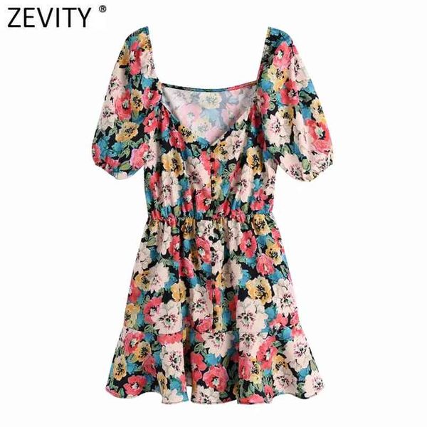 

women vintage v neck puff sleeve elastic waist shirt dress female chic floral print casual hem ruffle mini vestido ds8275 210420, Black;gray