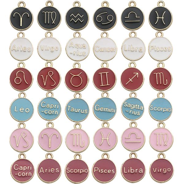 

double side enameled alloy constellation zodiac charm pendant for diy bracelet bangle and necklace making 12pcs/set, Bronze;silver