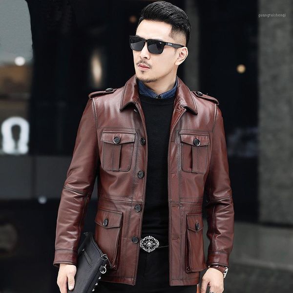 

men's leather & faux genuine jackets middle aged jacket suit lapel coat vintage quality, Black
