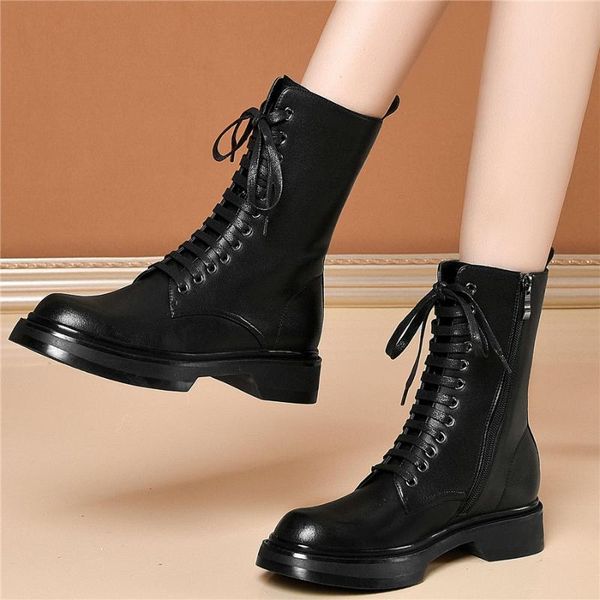

boots 2021 high platform oxfords shoes women genuine leather low heel riding female winter round toe snow casual, Black