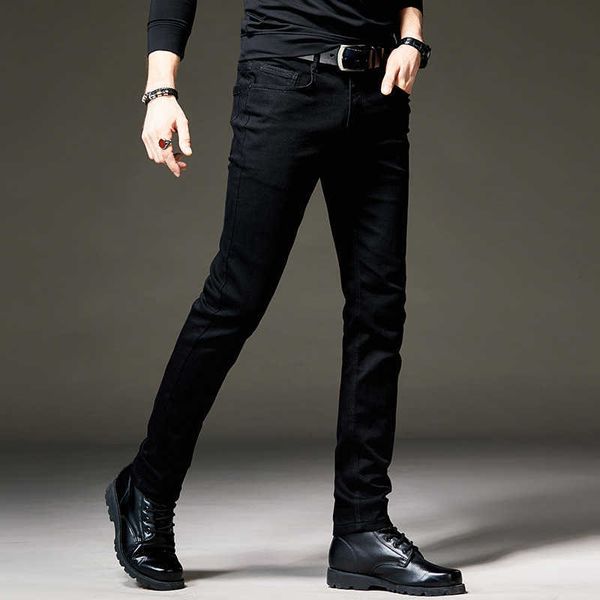

men's black jeans korean slim elastic leg pants 2021 busins summer trend casual, Blue
