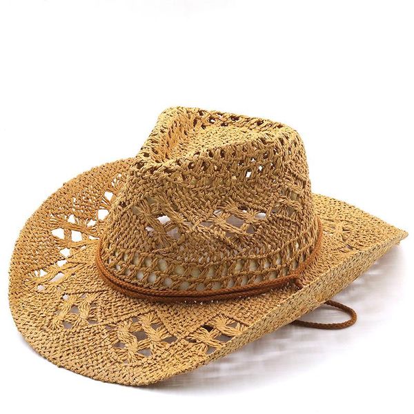 

wide brim hats fashion hollowed handmade cowboy straw hat women men summer outdoor travel beach solid western sunshade cap, Blue;gray