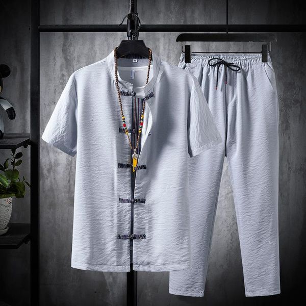 

men's tracksuits men 2021 summer solid color cotton linen t-shirts o-neck tee short sleeve t-shirt trousers set large size tracksuit, Gray