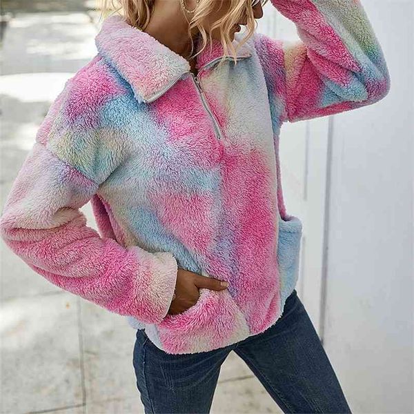 

autumn fleece zipper coat jacket women's winter tie-dye fur vintage coats plush jacket for full print clothes 210508, Black