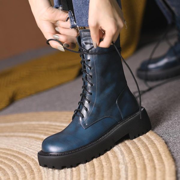 

boots autumn winter 2021 genuine leather women thick soled short lace-up motorcycle mid tude, Black