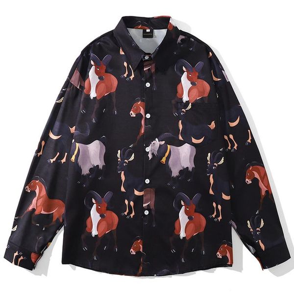 

men's casual shirts long sleeve oversize chic blouse mens sheep horses hawaii shirt summer male harajuku button streetwear camisa mascu, White;black
