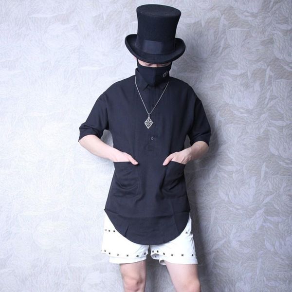 

men's casual shirts summer mens half sleeve irregular midi pullover gothic man streetwear slim fit black shirt designer top, White;black