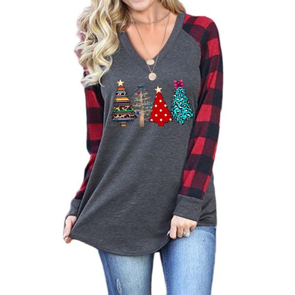 

women's t-shirt women v neck plaid raglan long sleeve t shirt fashion christmas trees leopard print baseball female vintage clothes, White
