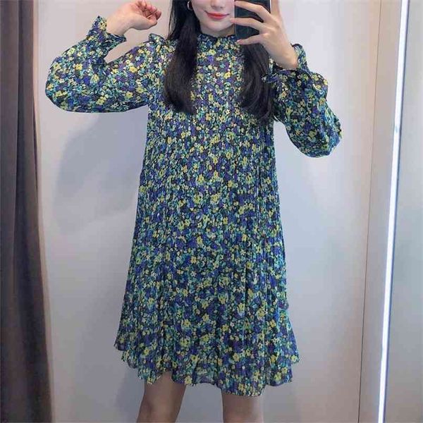 

spring and autumn women's casual flower print high neck long sleeve loose pleated dress 210430, Black;gray