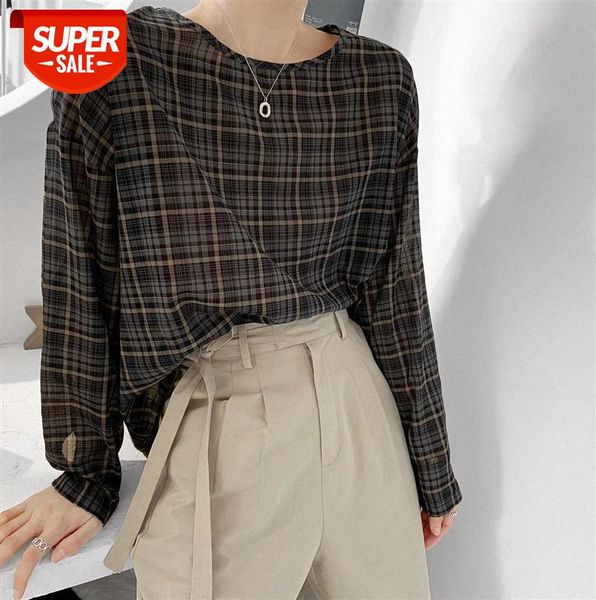 

zhi chenxi [ordering meeting] korean version of loose plaid casual round neck long-sleeved shirt female 717 #fn6g, Black;gray
