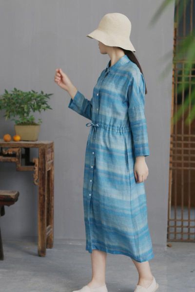 

casual dresses smmer dress women water wave blue transverse section big lapel single breasted waist rope pulling shirt n120, Black;gray