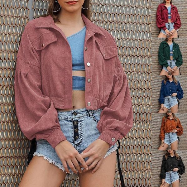 

women's jackets women autumn lantern sleeve cropped jacket lapel collar button down velvet outwear vintage oversized loose solid color, Black;brown
