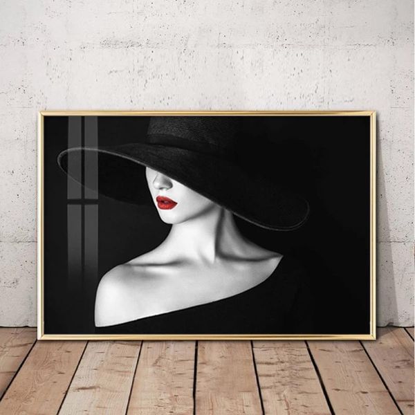 

paintings fashion women black hat red lip poster canvas painting modern vogue white picture wall art for living room home decor