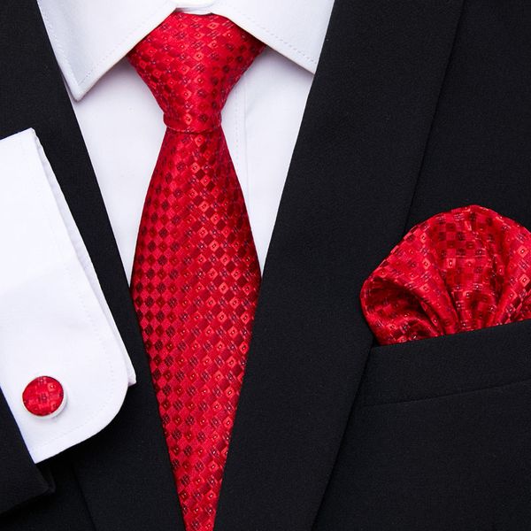 Gravatas de pescoço gravata vermelha tecido de seda gravata masculina lenço abotoaduras conjunto luxo festa masculina corbatas escritório gravatas