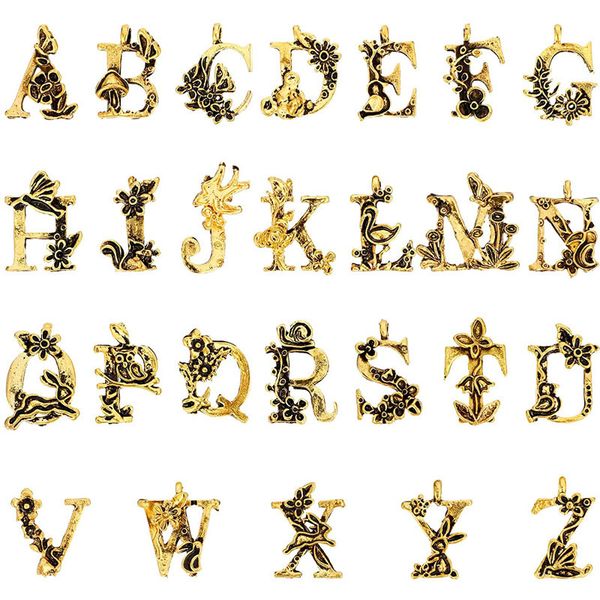

26pcs initial alphabet letter charms loose beads enamel flower pendants garden fairy tale princess for jewelry craft diy, Bronze;silver