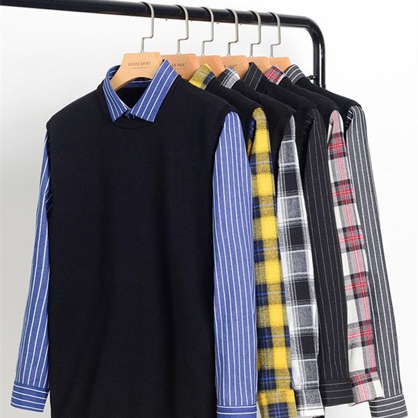 

men's sweaters 2021 autumn men's thin fake two-piece pullover business fashion all-match loose shirt collar sweater male brand knit, White;black