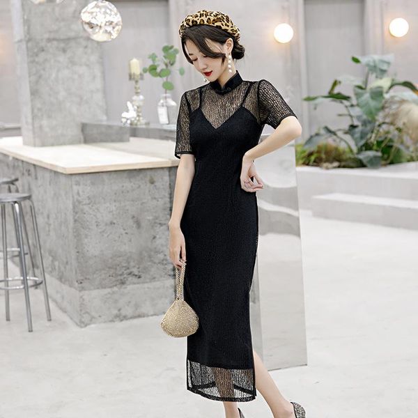 

perspective lace lady straight dress elegant short sleeve cheongsam skirt vintage mandarin collar qipao s-3xl vestidos de festa ethnic cloth, Red