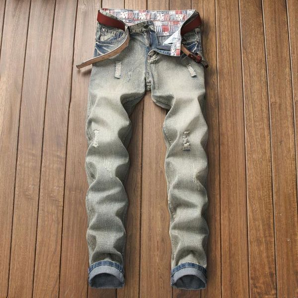 

men's jeans classic ripped straight vintage streetwear casual slim fit mid-waist denim trousers autumn male washed cowboy pants, Blue