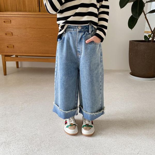 

baby girls korean jeans 2021 spring kids boys solid denim wide leg pants casual children capris, Blue