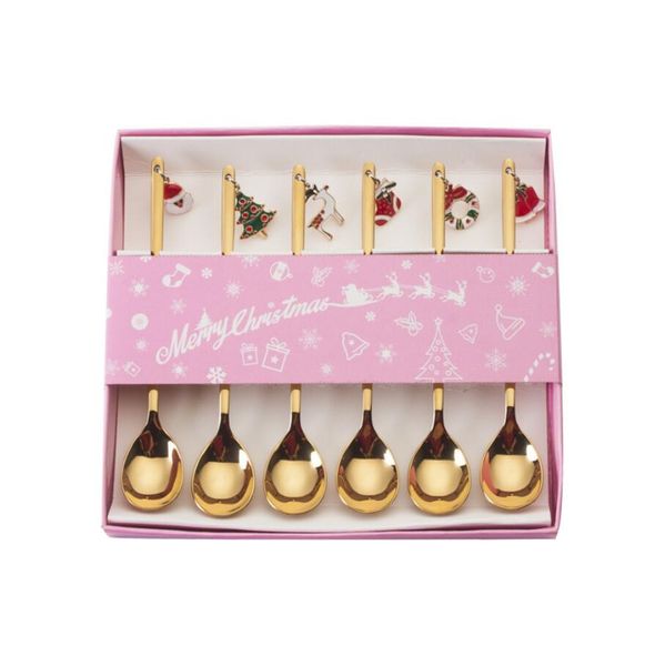 Ornamenti natalizi Cucchiaino da caffè Set di scatole per stoviglie in acciaio inossidabile Decorazioni natalizie per la casa Regalo di Natale 1 set = 6 pezzi