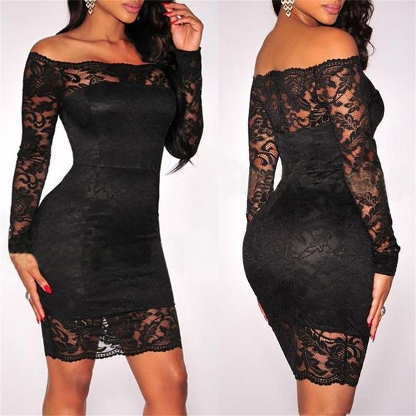 

casual dresses off shoulder lace party dress women's bodyconÂ dress long sleeve cocktail mini vintage robe femme, Black;gray